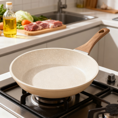 26cm Off-White Maifan Stone Nonstick Frying Pan – Thick Composite Base Skillet for Gas, Induction & Electric Stoves