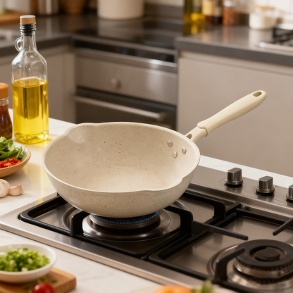 24cm Off-White Maifan Stone Nonstick Wok – Flat-Bottom Frying Pan for Smokeless, Oil-Free Cooking, Gas & Induction Compatible