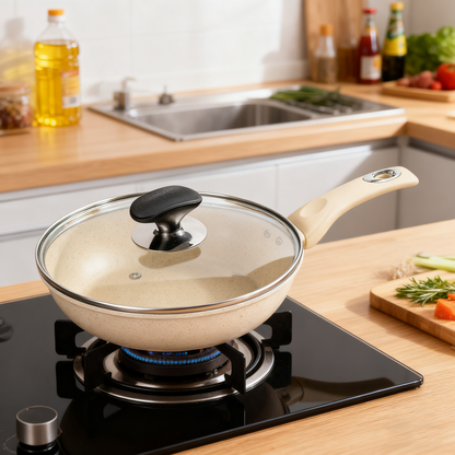 24cm Off-White Maifan Stone Nonstick Frying Pan – Pressure-Resistant Skillet for Gas & Induction Stoves