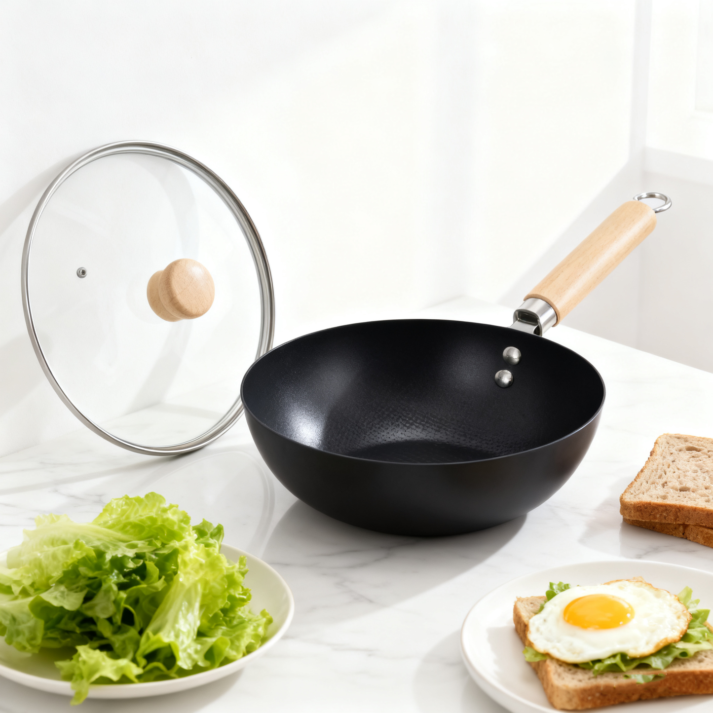 24cm Black Mini Cast Iron Wok – No Coating, Seasoning-Free, Lightweight Pan for Gas & Induction Stoves