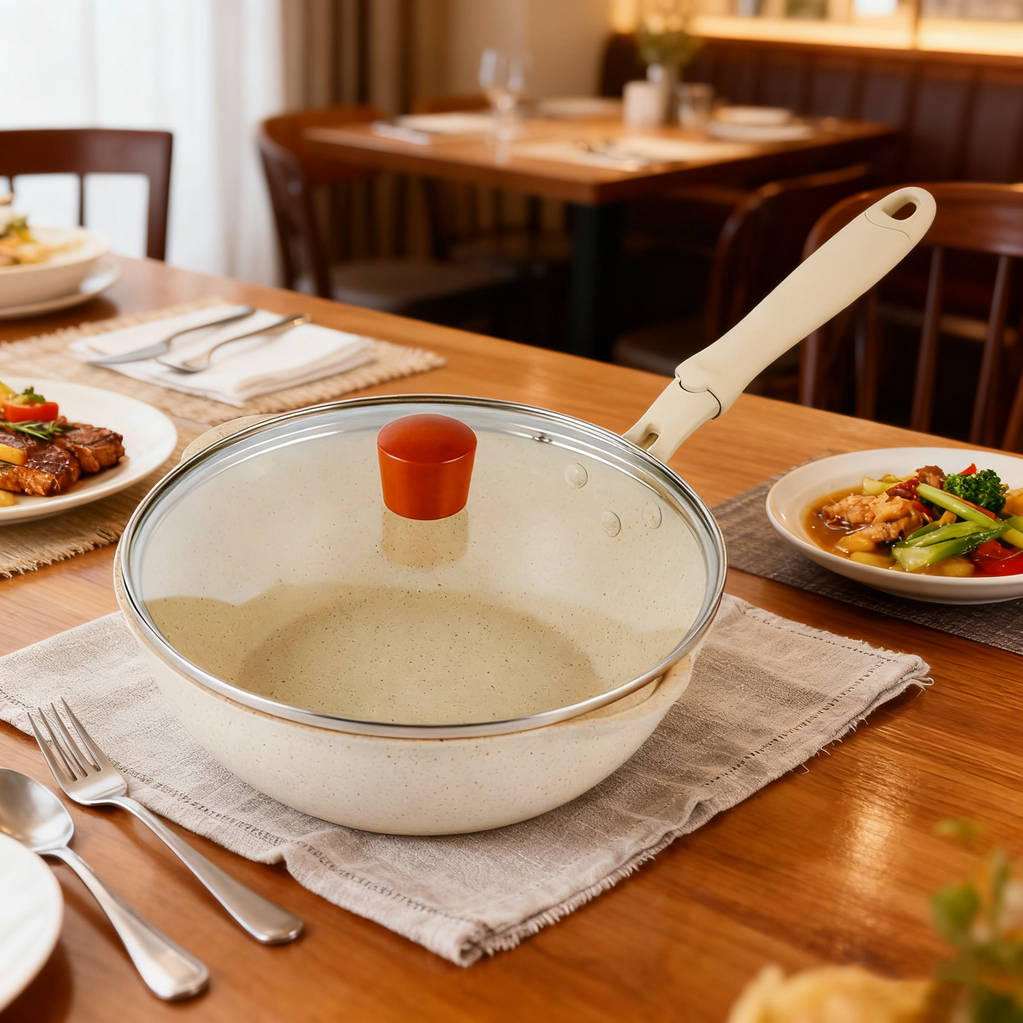 24cm Off-White Maifan Stone Nonstick Wok – Flat-Bottom Frying Pan for Smokeless, Oil-Free Cooking, Gas & Induction Compatible