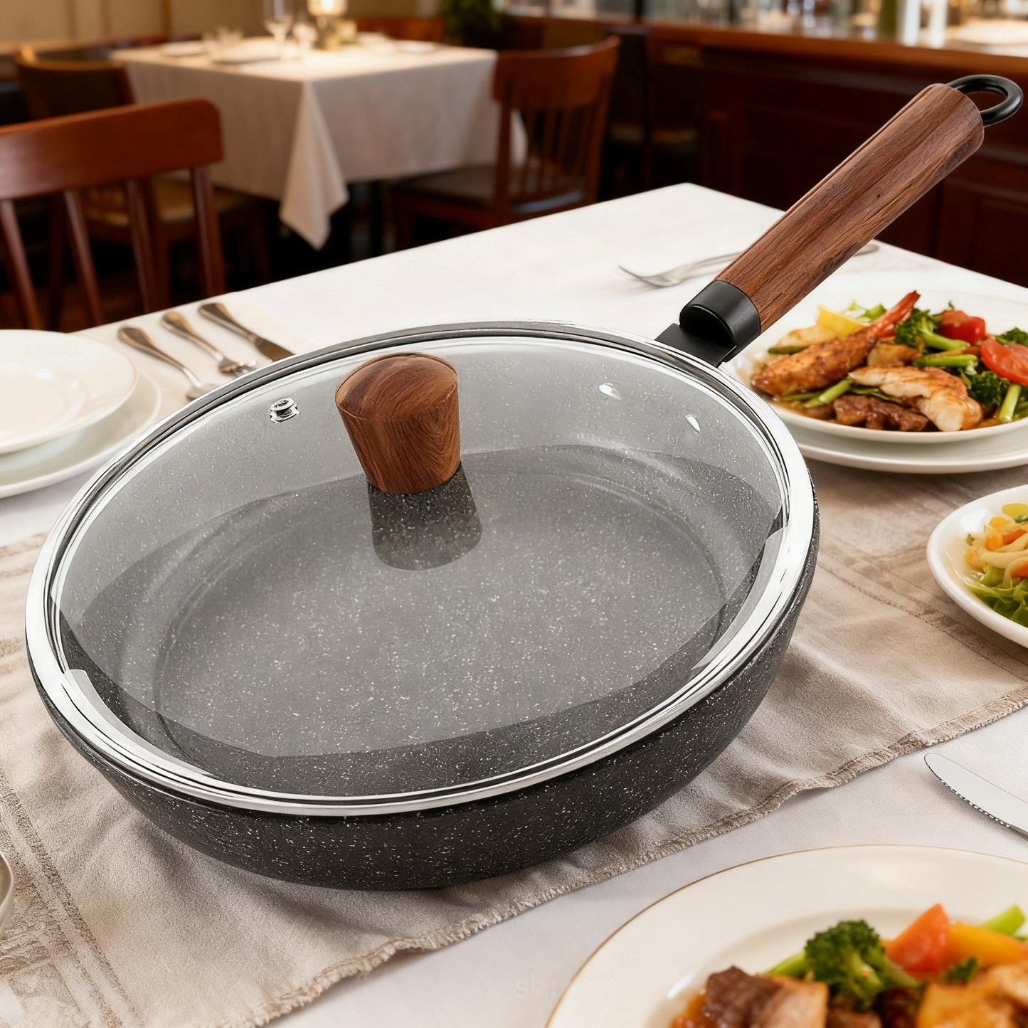 26cm Black Maifan Stone Nonstick Frying Pan – Flat Pan for Gas & Induction Stoves, Low-Oil Cooking