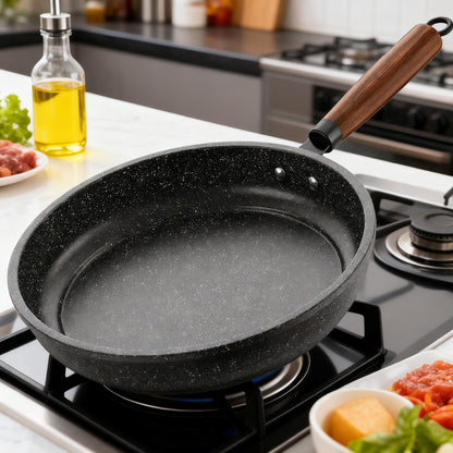 26cm Black Maifan Stone Nonstick Frying Pan – Flat Pan for Gas & Induction Stoves, Low-Oil Cooking