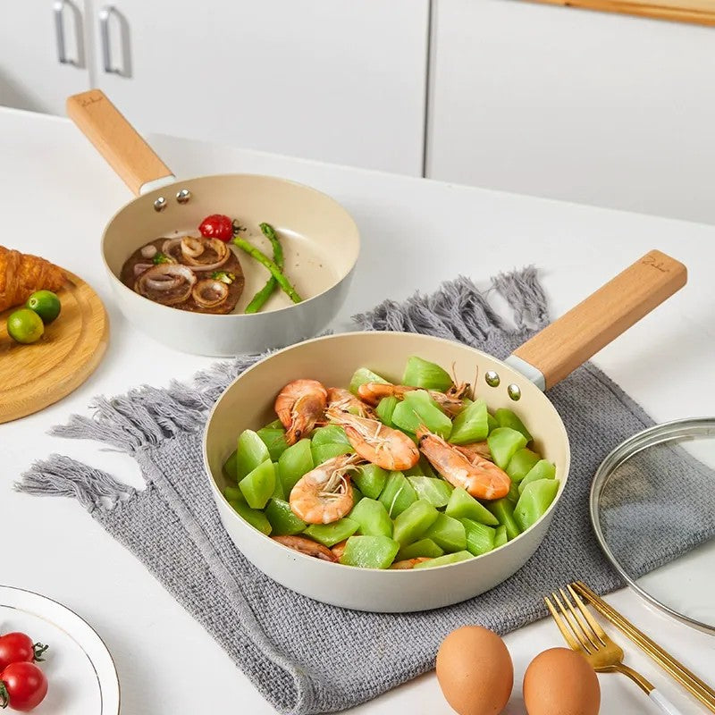 24cm Off-White Japanese-Style Ceramic Nonstick Frying Pan – Flat Pan for Gas & Induction Stoves