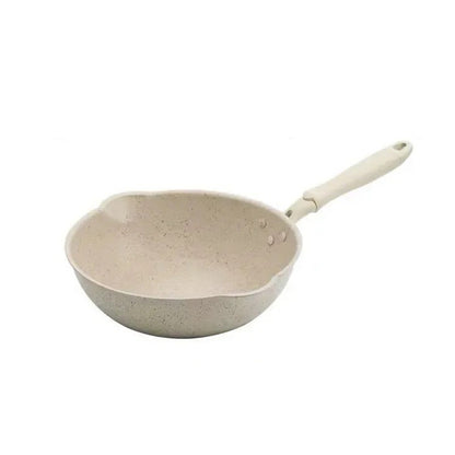 24cm Off-White Maifan Stone Nonstick Wok – Flat-Bottom Frying Pan for Smokeless, Oil-Free Cooking, Gas & Induction Compatible